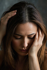 Woman suffering from stress, migraine or a headache grimacing in pain