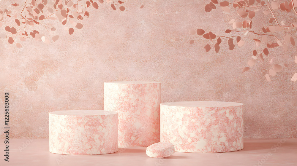 Poster abstract minimal scene with geometrical forms. cylinder podiums in cream pink colors. abstract backg