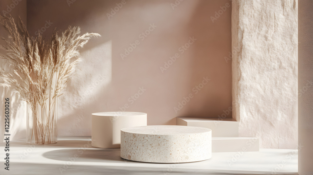 Poster abstract minimal scene with geometrical forms. cylinder podiums in cream pink colors. abstract backg