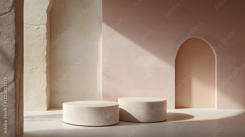 Poster abstract minimal scene with geometrical forms. cylinder podiums in cream pink colors. abstract backg