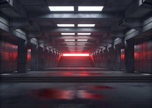 Empty underground passage with red light and reflections