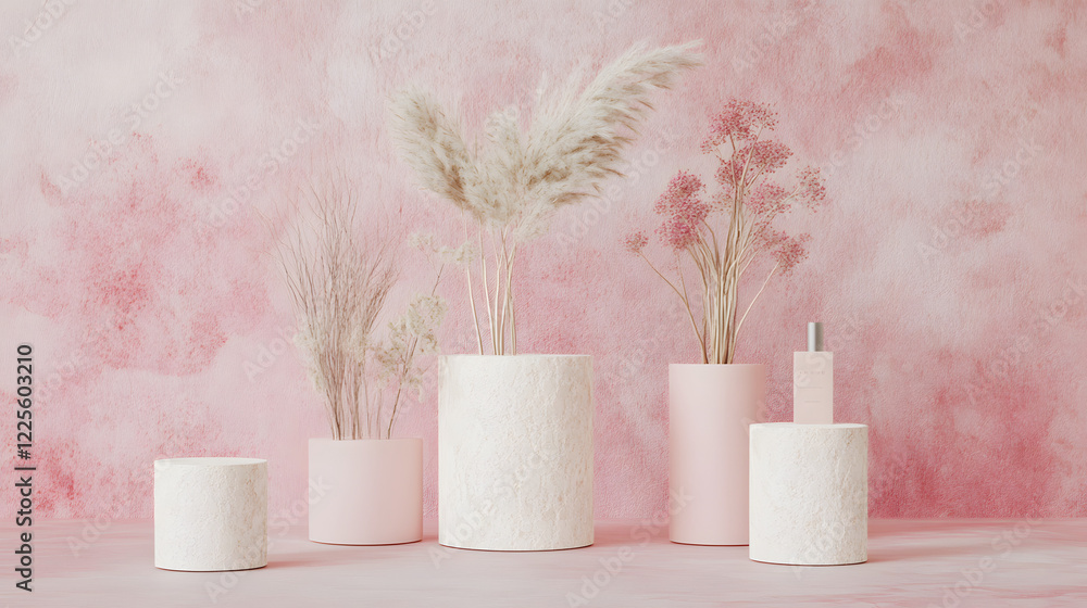 Poster abstract minimal scene with geometrical forms. cylinder podiums in cream pink colors. abstract backg