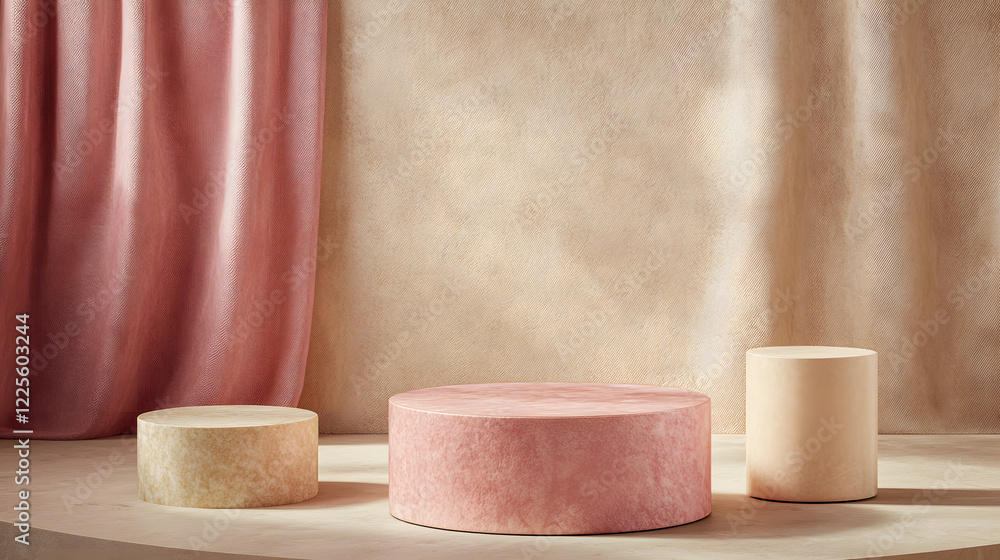 Poster abstract minimal scene with geometrical forms. cylinder podiums in cream pink colors. abstract backg