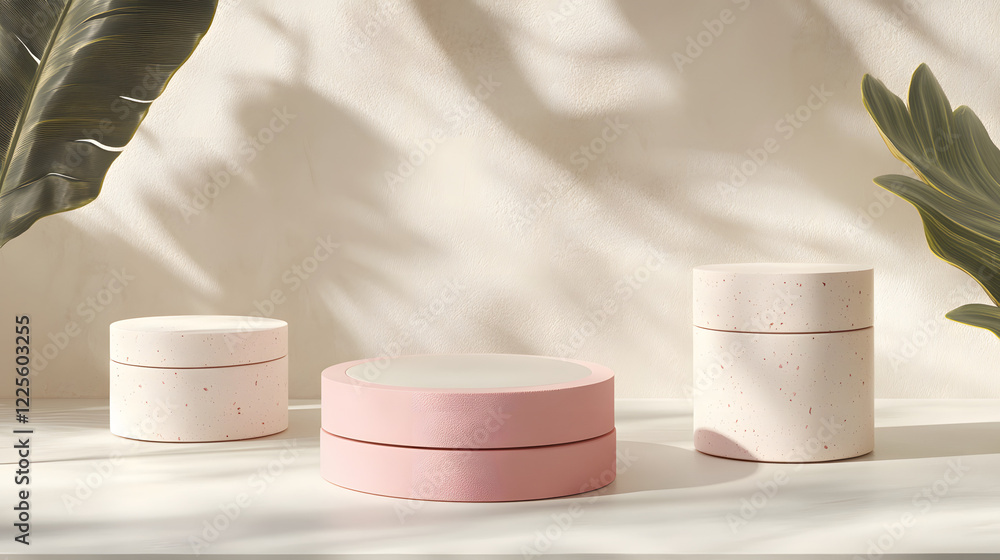 Poster abstract minimal scene with geometrical forms. cylinder podiums in cream pink colors. abstract backg
