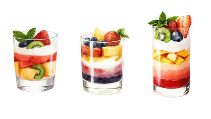 Delicious fruit parfaits in clear glasses, showcasing vibrant layers of berries and yogurt. Watercolor clip art, isolated on white/transparent background.