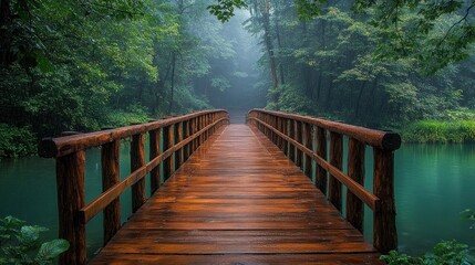 Fototapeta premium Misty forest bridge, tranquil water, path