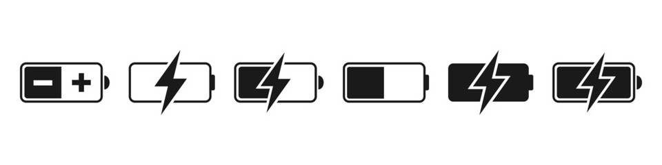 Charging icon. Battery charge vector set. Charging empty battery to full sign. Low power level recharge to full. Isolated battery set.