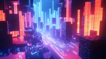Futuristic Digital Cityscape with Neon Lights and Abstract Structures
