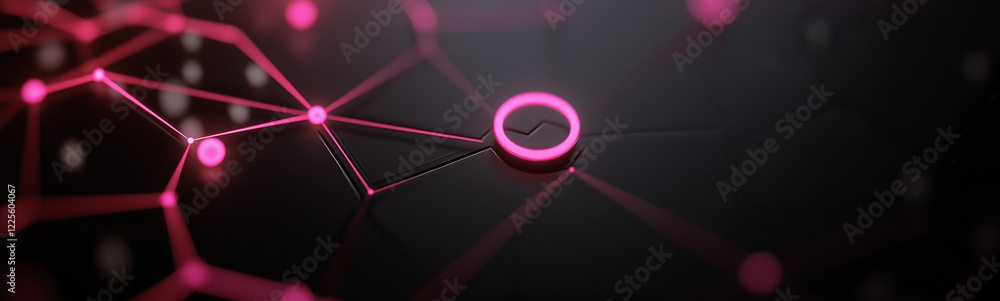 Poster futuristic glowing pink nodes creating digital network connections on dark background