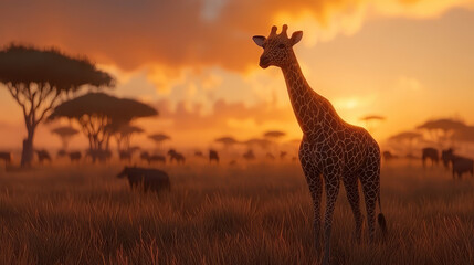 Obraz premium majestic giraffe stands tall in vibrant sunset, surrounded by wildlife