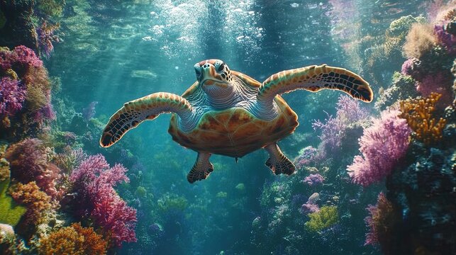 Breathtaking underwater scene with a giant sea turtle swimming among colorful coral reefs 