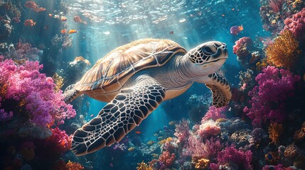 Fototapeta premium Breathtaking underwater scene with a giant sea turtle swimming among colorful coral reefs 