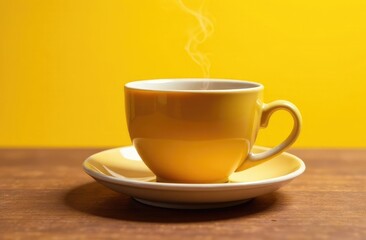 Cup of tea with sacking on the wooden table and yellow background 