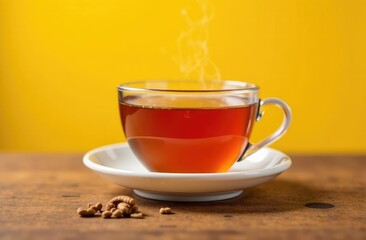 Fototapeta premium Cup of tea with sacking on the wooden table and yellow background 