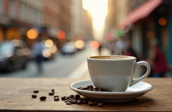 Hot coffee cup with coffee bean roating on the wooden table and the city background