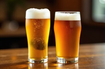 Two glass of beer with wheat on wooden table
