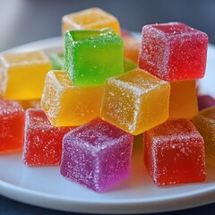 A close-up of colorful fruit jelly candy cubes