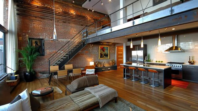 A stylish living area features comfortable seating, a staircase leading to a second level, and a contemporary kitchen with modern appliances and elegant decor.