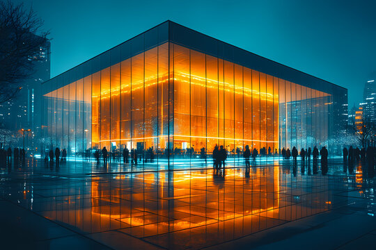 A modern illuminated building at night, glowing with colorful glass windows, showcasing contemporary architecture and urban nightlife vibes