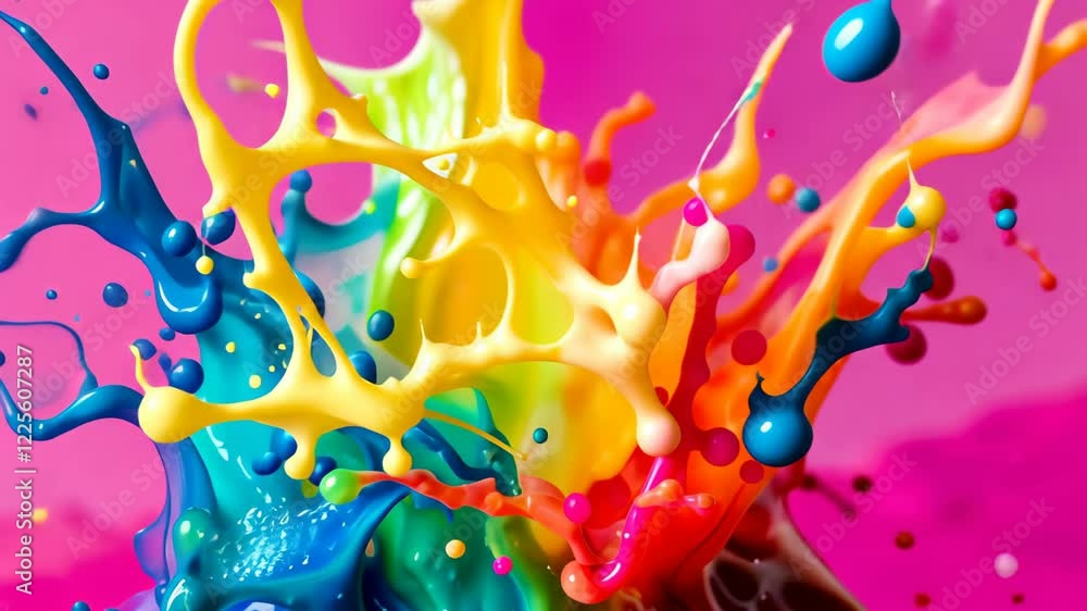 Poster bright paint splashes in multiple colors collide dynamically against a pink background, showcasing c