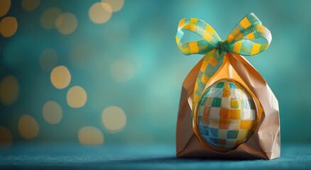 Colorful Egg in Paper Bag with Bow on Blurred Background for Easter Celebration, Spring Festivity, Seasonal Decoration and Gift Ideas