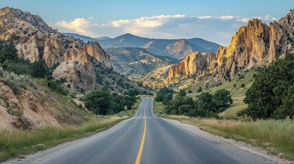 Fototapeta premium A rural road leading through a scenic valley, with rocky cliffs rising on both sides. 