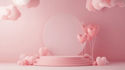 Pink Heart Balloons and Clouds Romantic Stage Design