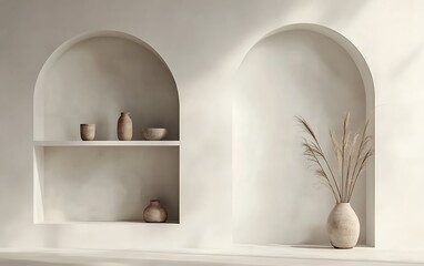 White wall backdrop with minimalist shelves and an elegant arch, modern home decor with neutral color palette and simple design elements