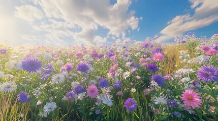 Obraz premium Vibrant Field of Wildflowers Under Bright Blue Sky with Clouds