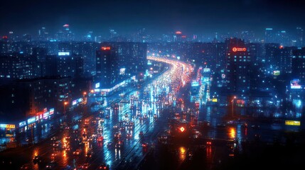 Night city highway traffic aerial view