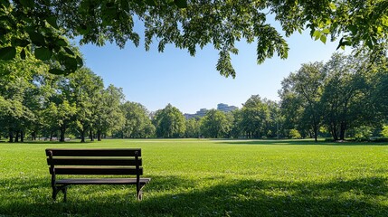 Expansive grassy field bordered by towering oak and poplar trees under a bright blue sky, inviting peaceful moments to enjoy nature.