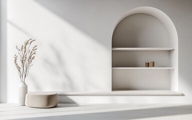 White wall with sleek shelves and a rounded arch, minimalist home decor mockup with soft lighting