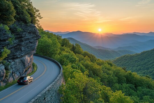 Scenic Drive at Sunset on Winding Mountain Road