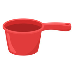 Red plastic bath dipper with handle, ideal for household, cleaning, or bath products concept imagery for stock photography or advertisements.