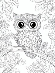 Obraz premium Cute owl sitting on a branch surrounded by intricate floral designs in a black and white coloring page