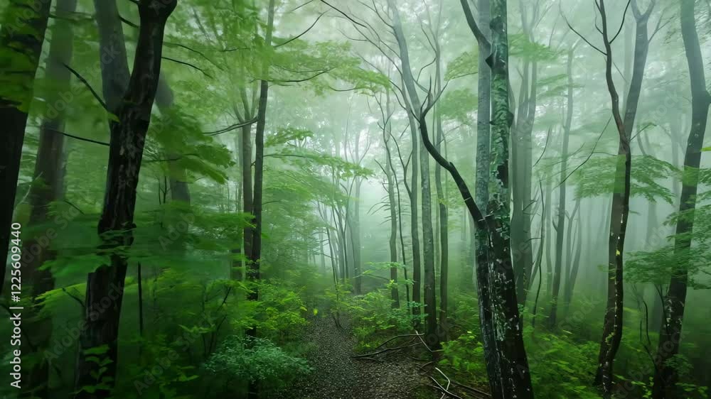 Poster a tranquil forest enveloped in mist features a variety of lush green trees and ferns, creating an en