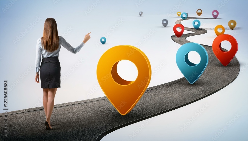 Wall mural abstract representation of customer journey concept with colorful location markers on a winding path