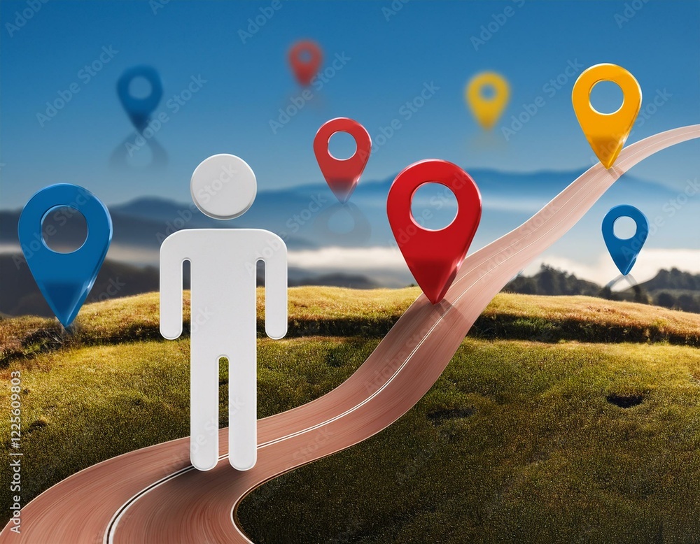 Wall mural abstract representation of customer journey concept with colorful location markers on a winding path
