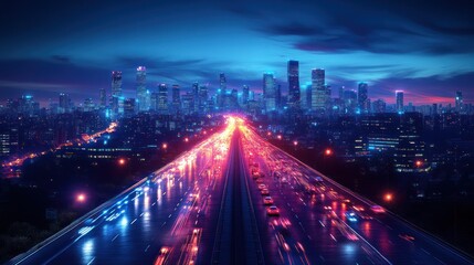 Night highway towards futuristic city