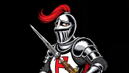 Obraz premium Knight in armor holding sword against black background