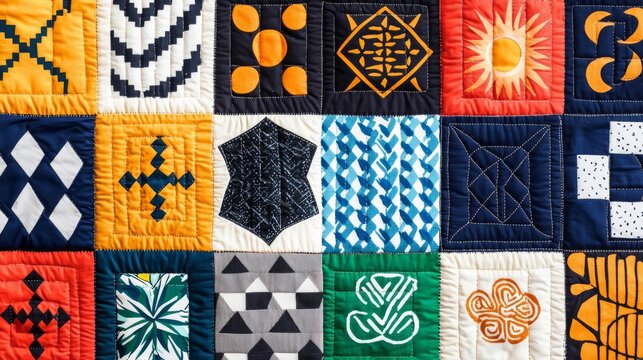 Colorful quilt showcasing diverse geometric patterns and textures.