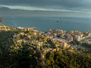 Obraz premium Aerial view of Gibralfaro castle in Malaga Spain with bull ring in the background