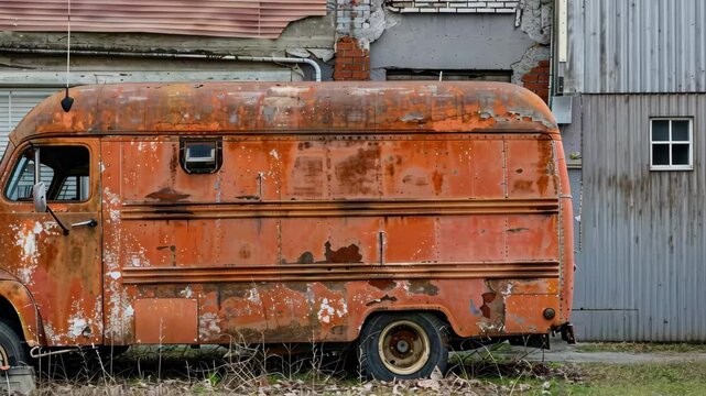 The old delivery van, covered in rust and peeling paint, sits idle next to a crumbling building, surrounded by overgrown grass under a clear sky.