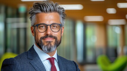 Fototapeta premium Confident middle-aged businessman with glasses and beard smiling in a modern office environment.