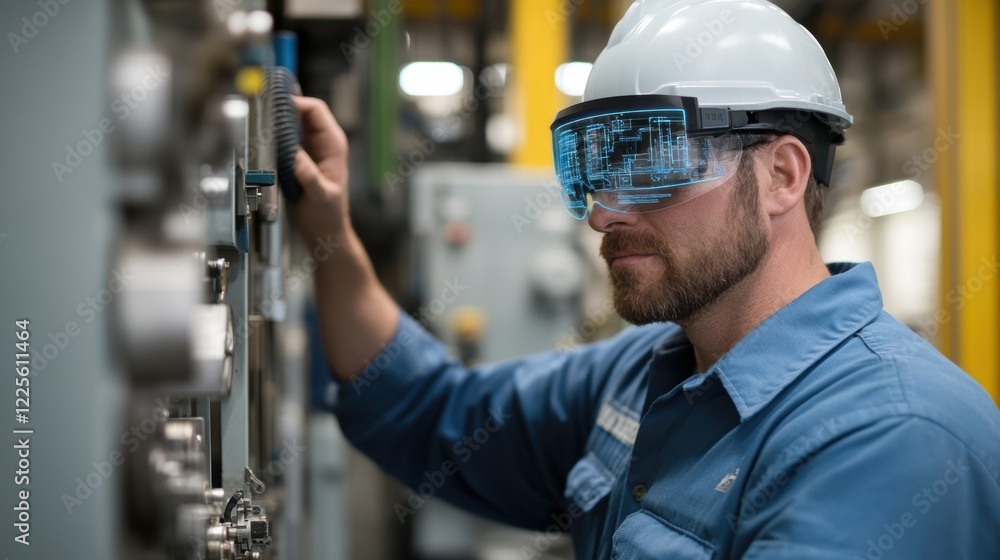 Poster a maintenance technician uses ar goggles to view diagnostic data and instructions with holographic d