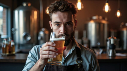 A man with a beard holding a glass of beer. The image conveys a casual and relaxed atmosphere as the man enjoys his drink in a bar or pub. Glass presence. Close-up. Generative AI.
