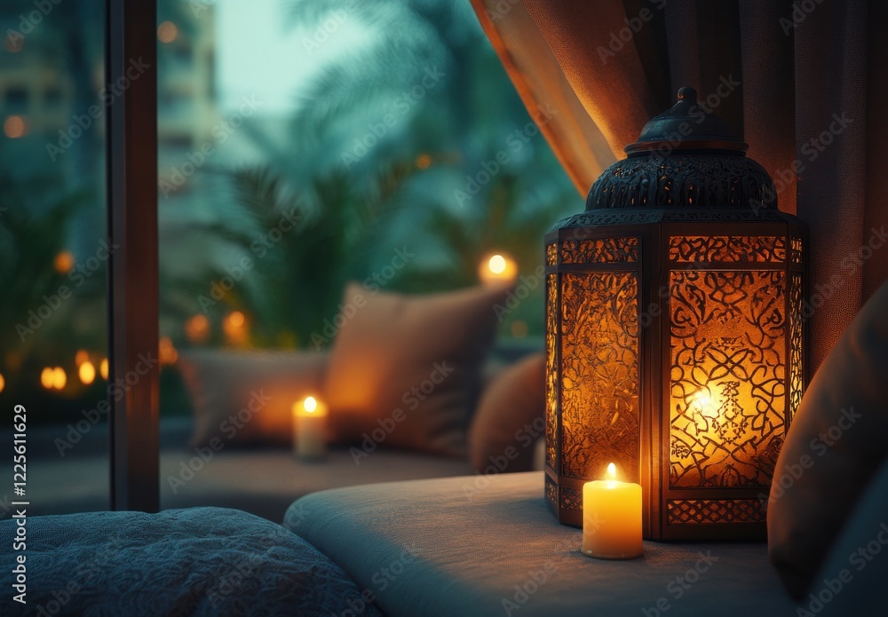 Poster cozy intimate space with lantern and candles creating warm ambiance in a relaxing environment at dus