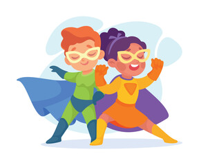 Happy Boy and Girl Superhero Wearing Colorful Costume Vector Illustration