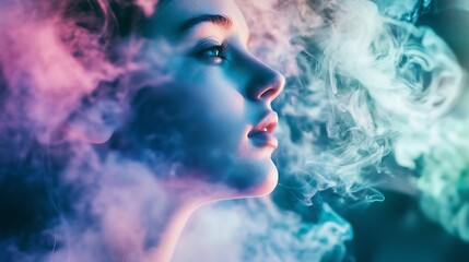 A person gazes at colorful smoke