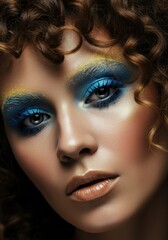 Stunning close-up of a woman with vibrant blue makeup and curly hair